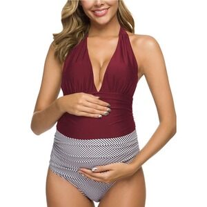 Ziola One Piece Maternity Swimsuits Large Halter, Wine Red- Stripe Women